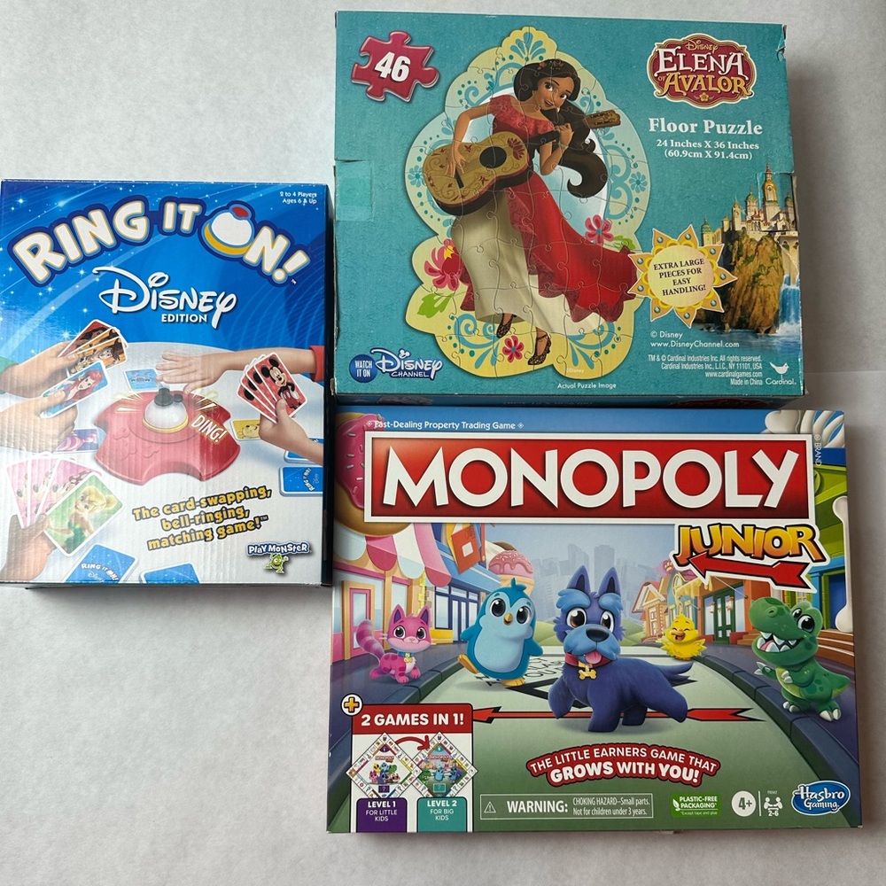 BOARD GAME & PUZZLE LOT X 3- MONOPOLY JR, RING IT ON, & ELENA (SEALED) PUZZLE